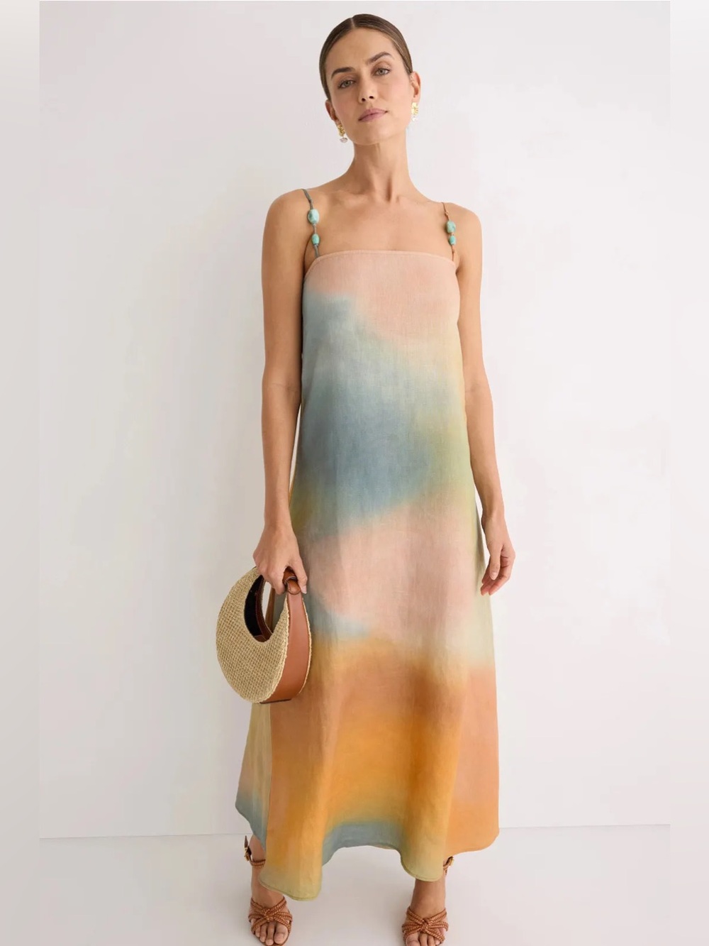 STAUD Laura Linen Beaded Strap Maxi Dress Multi Size M - Picture 2 of 14